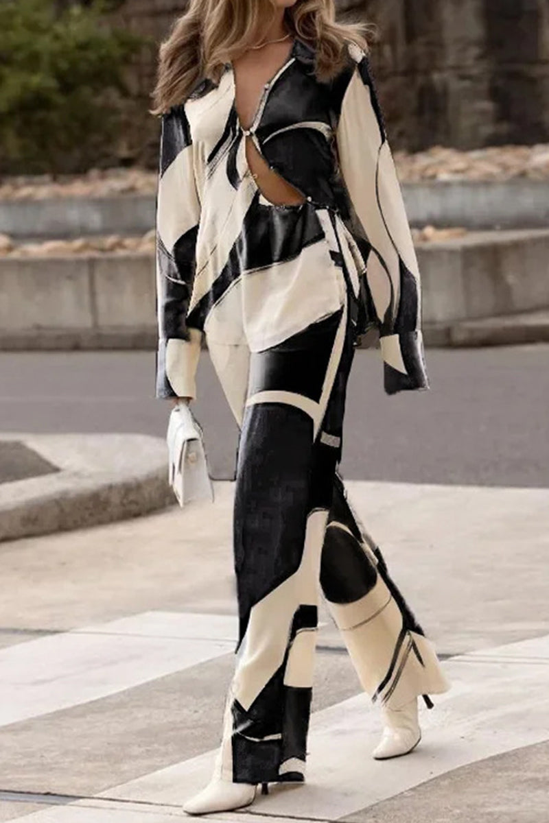 Reina | Casual geometric asymmetrical print, turn-down collar, long sleeves, two-piece