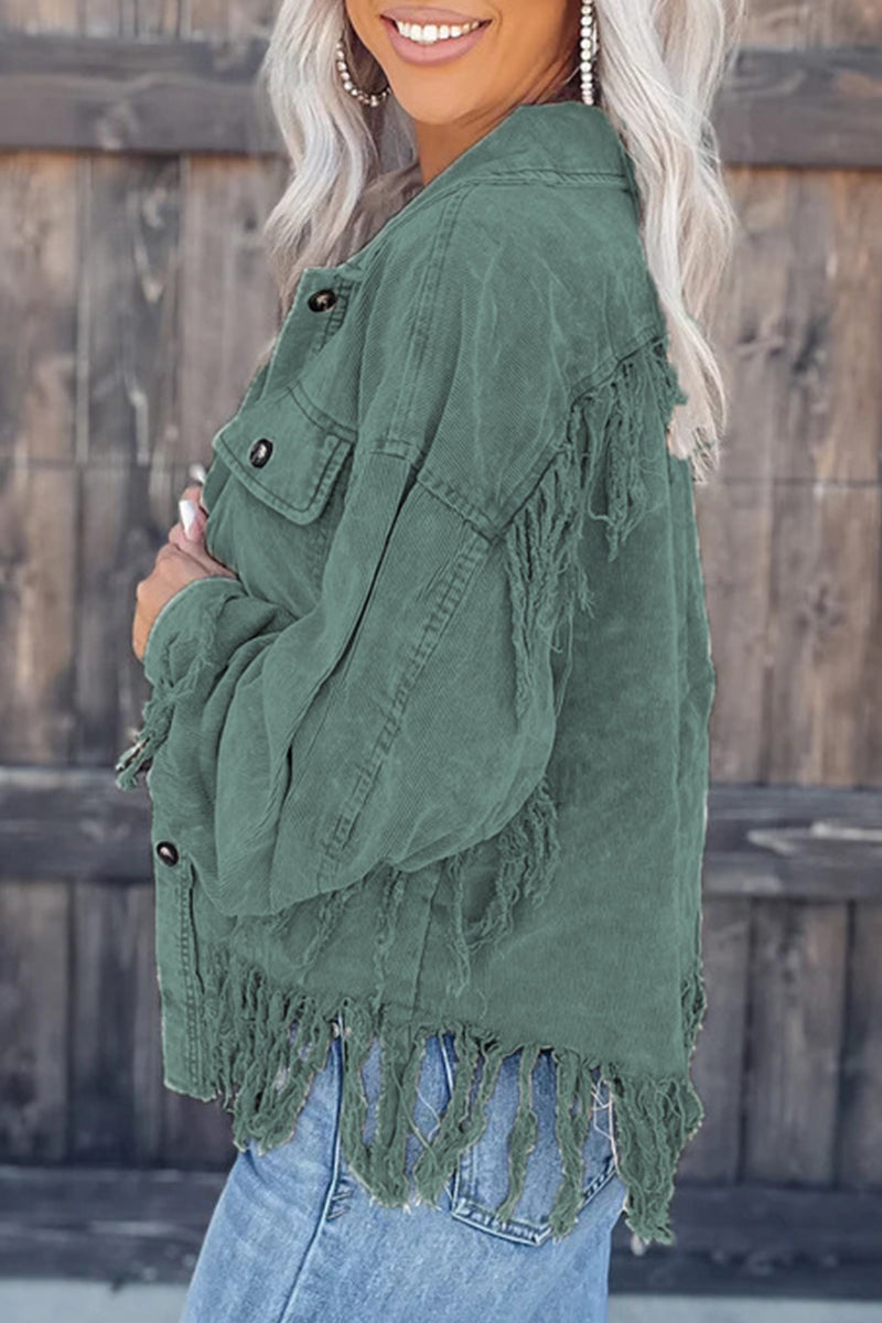 Tamara | Casual, solid color outerwear with an asymmetrical turn-down collar and tassels