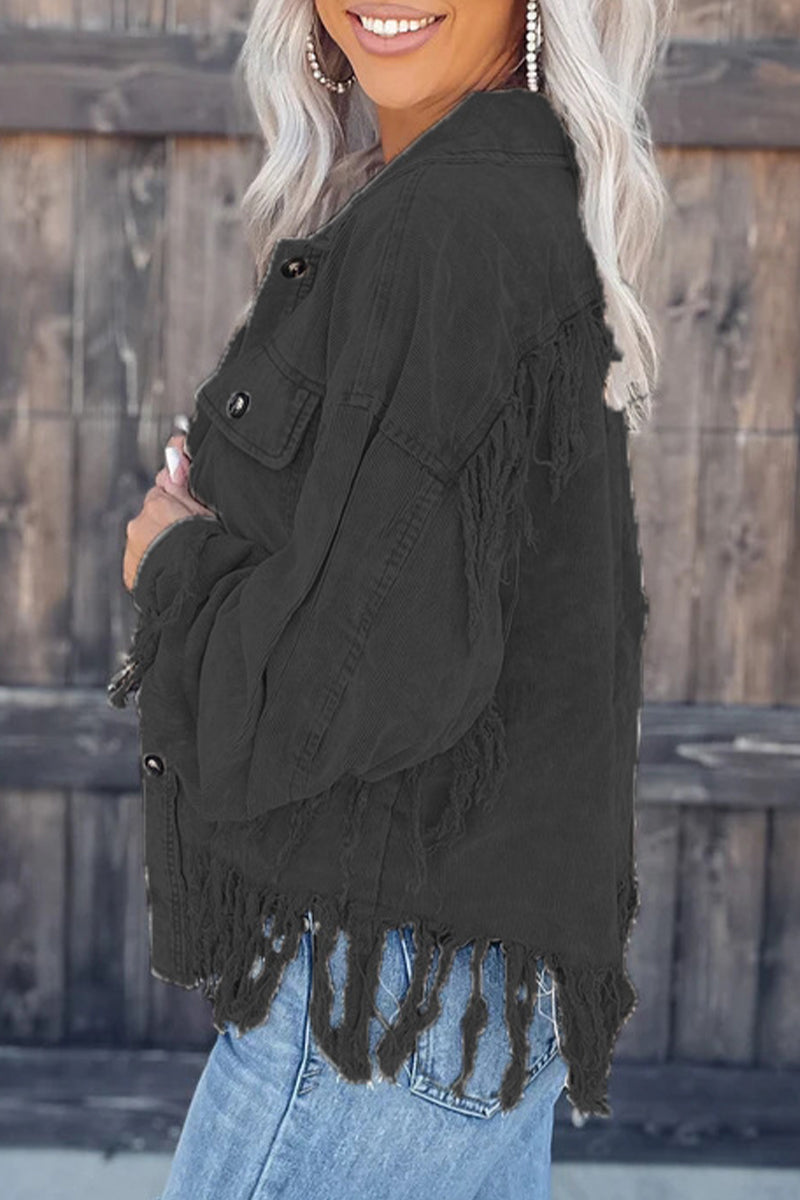 Tamara | Casual, solid color outerwear with an asymmetrical turn-down collar and tassels