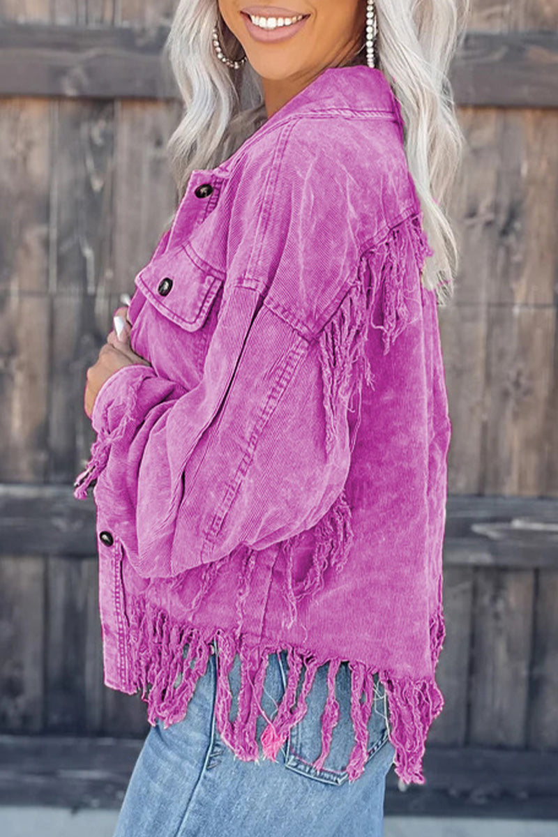 Tamara | Casual, solid color outerwear with an asymmetrical turn-down collar and tassels
