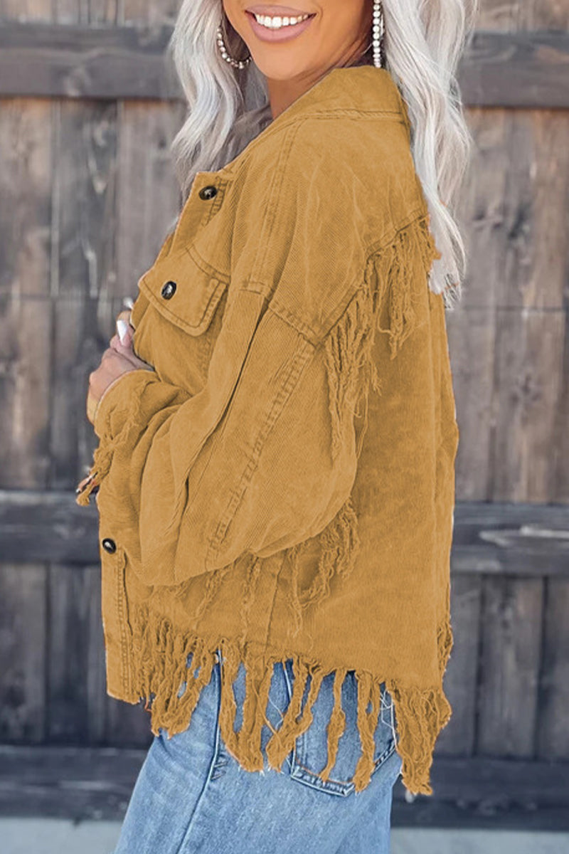 Tamara | Casual, solid color outerwear with an asymmetrical turn-down collar and tassels