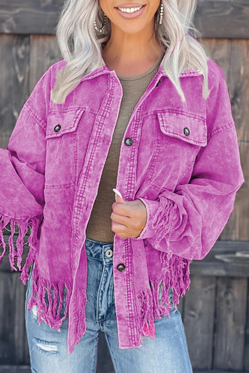 Tamara | Casual, solid color outerwear with an asymmetrical turn-down collar and tassels