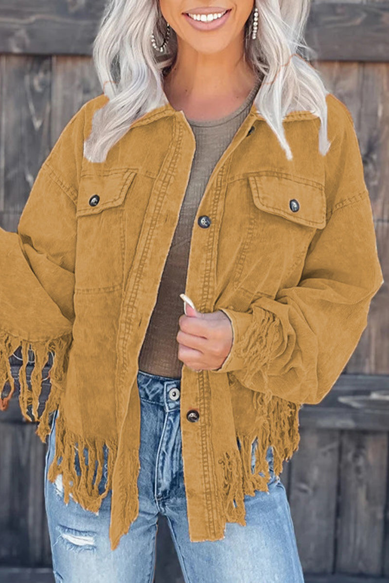 Tamara | Casual, solid color outerwear with an asymmetrical turn-down collar and tassels