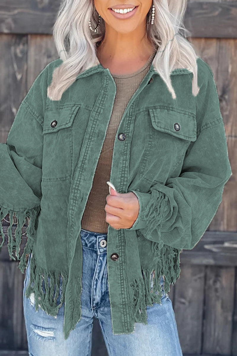 Tamara | Casual, solid color outerwear with an asymmetrical turn-down collar and tassels