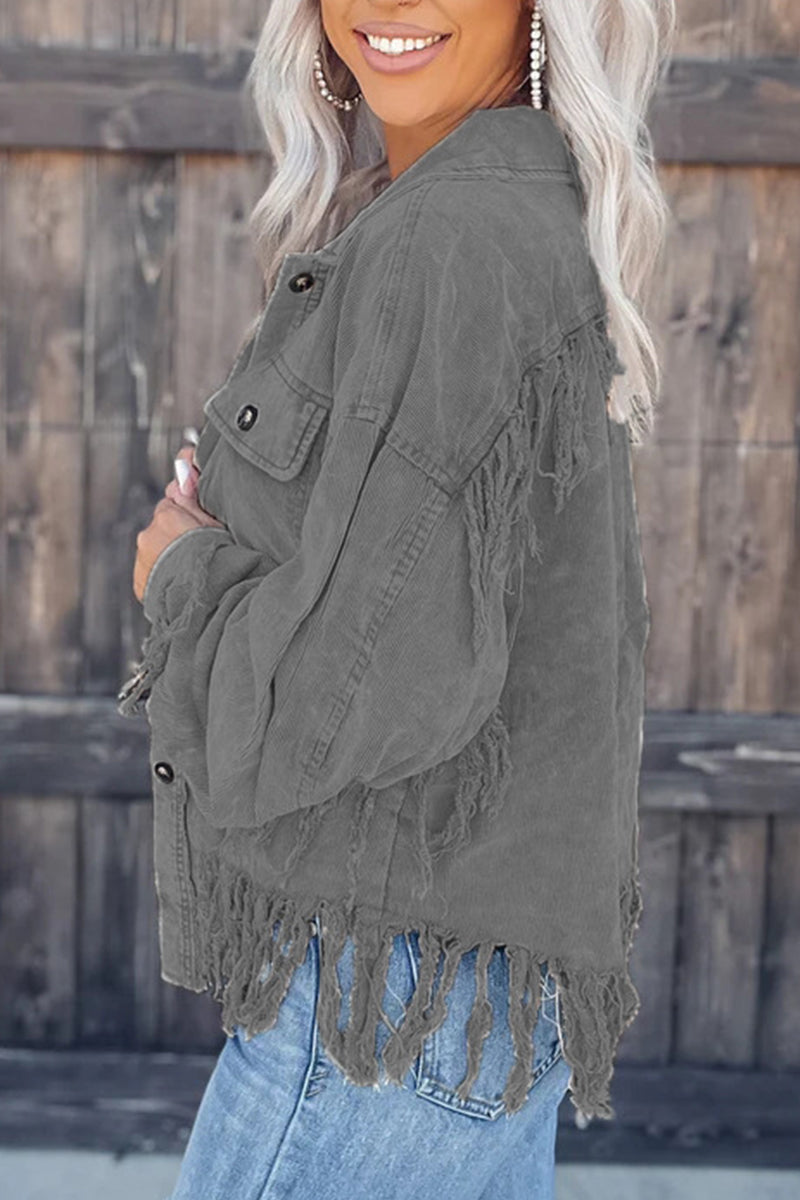 Tamara | Casual, solid color outerwear with an asymmetrical turn-down collar and tassels
