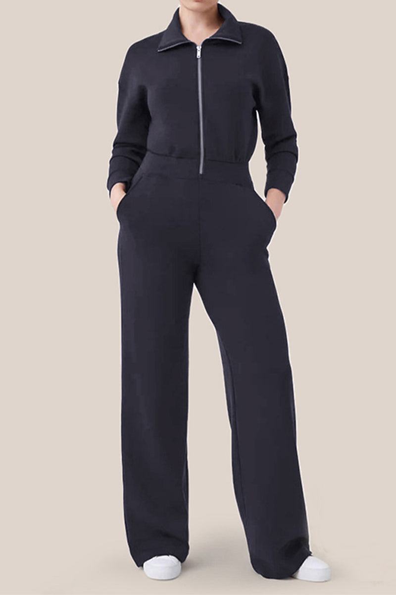 Valentina | Casual, simple jumpsuits with a fixed pocket zip and turn-down collar