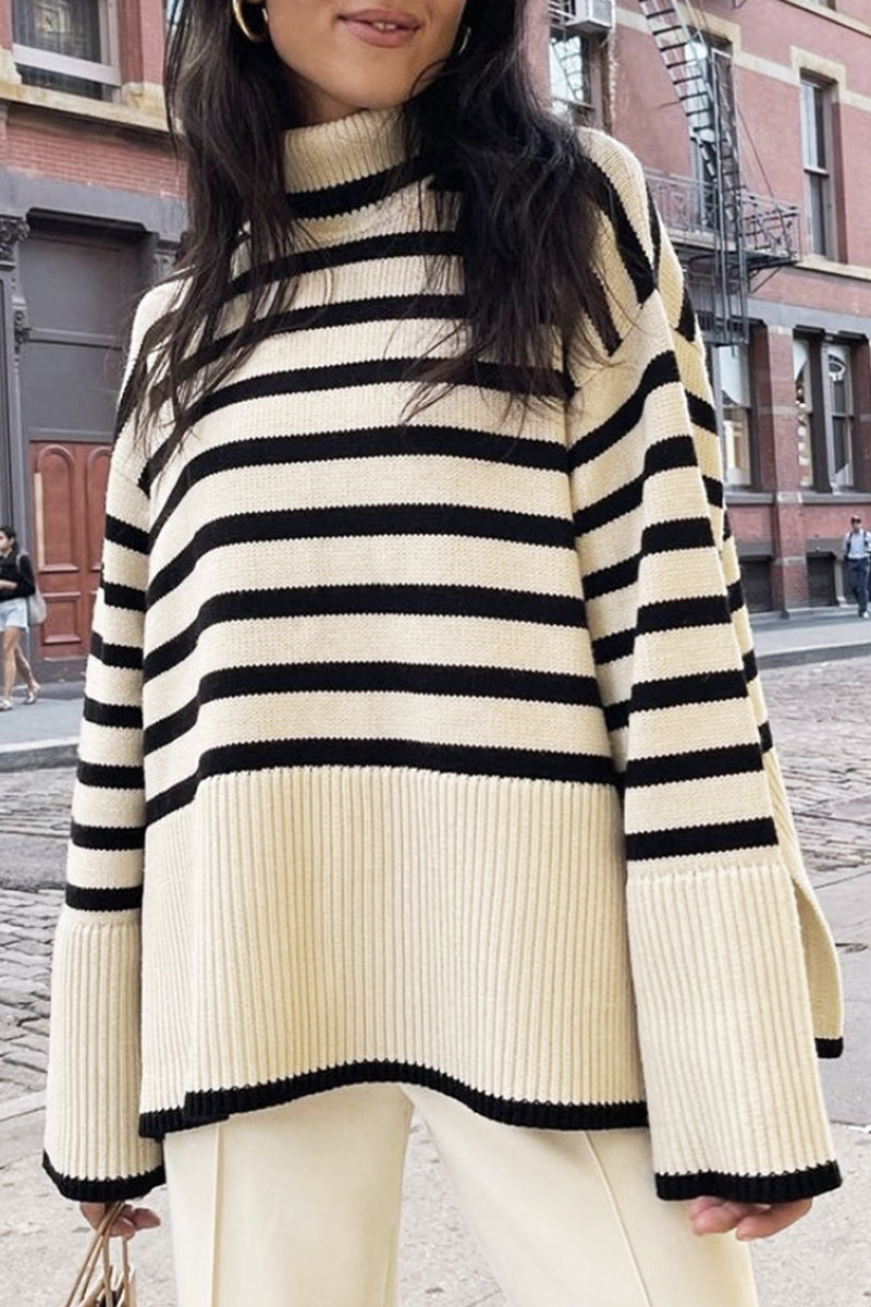 Vilma | Casual striped asymmetrical turtleneck tops with slit
