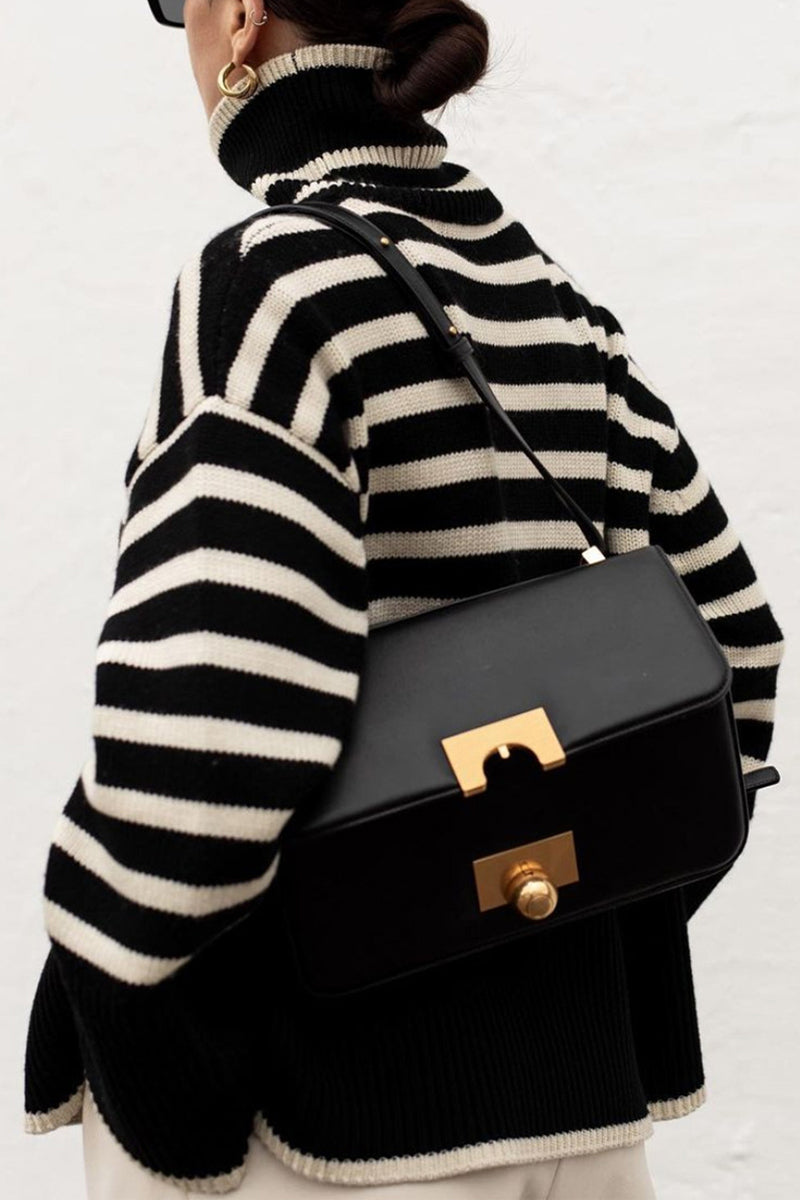 Vilma | Casual striped asymmetrical turtleneck tops with slit