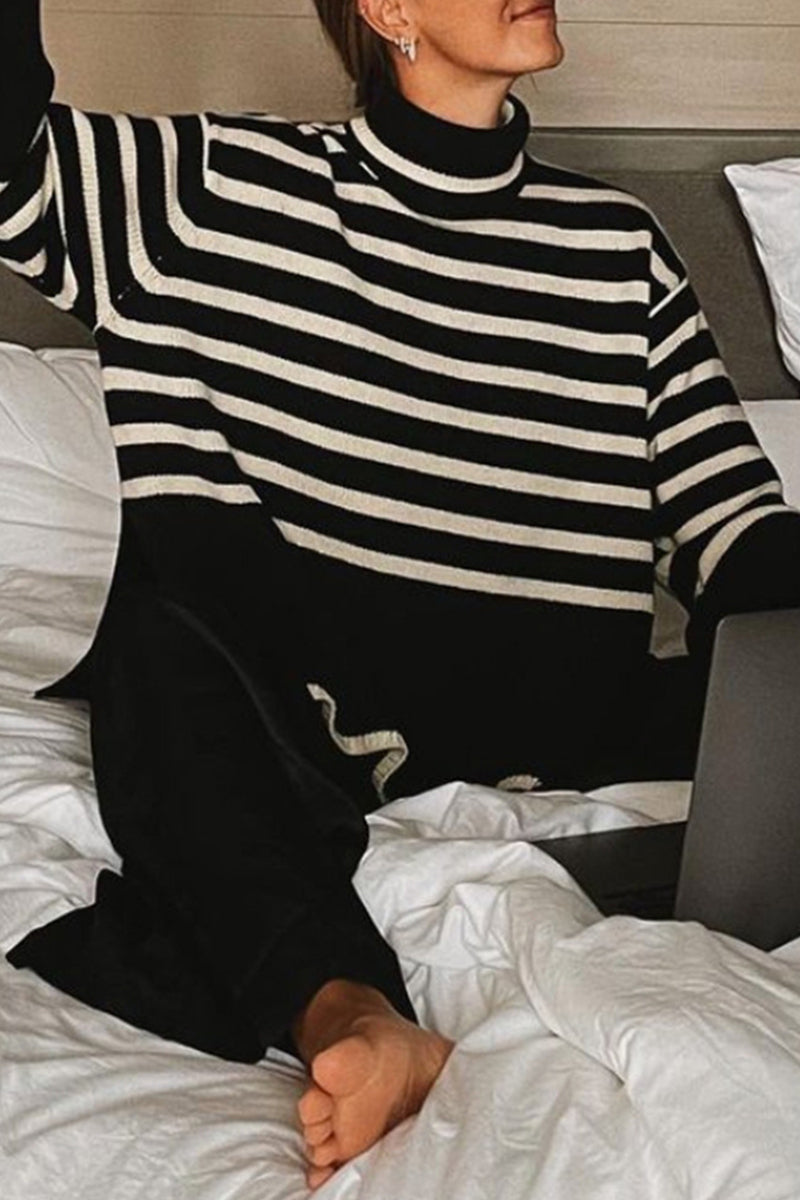 Vilma | Casual striped asymmetrical turtleneck tops with slit