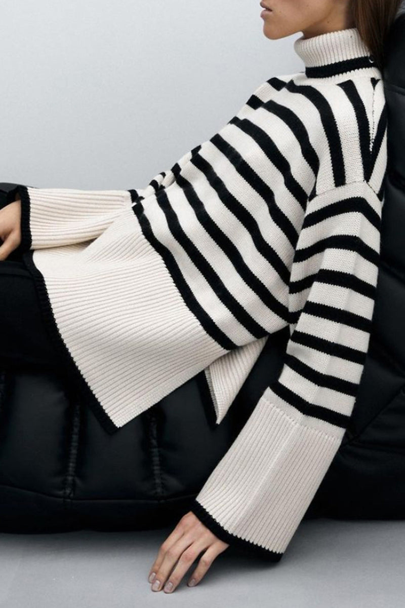 Vilma | Casual striped asymmetrical turtleneck tops with slit