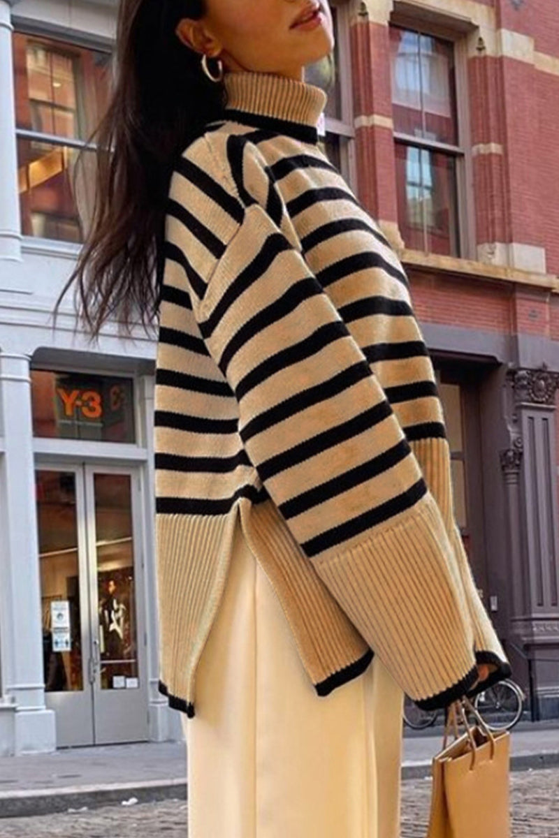 Vilma | Casual striped asymmetrical turtleneck tops with slit