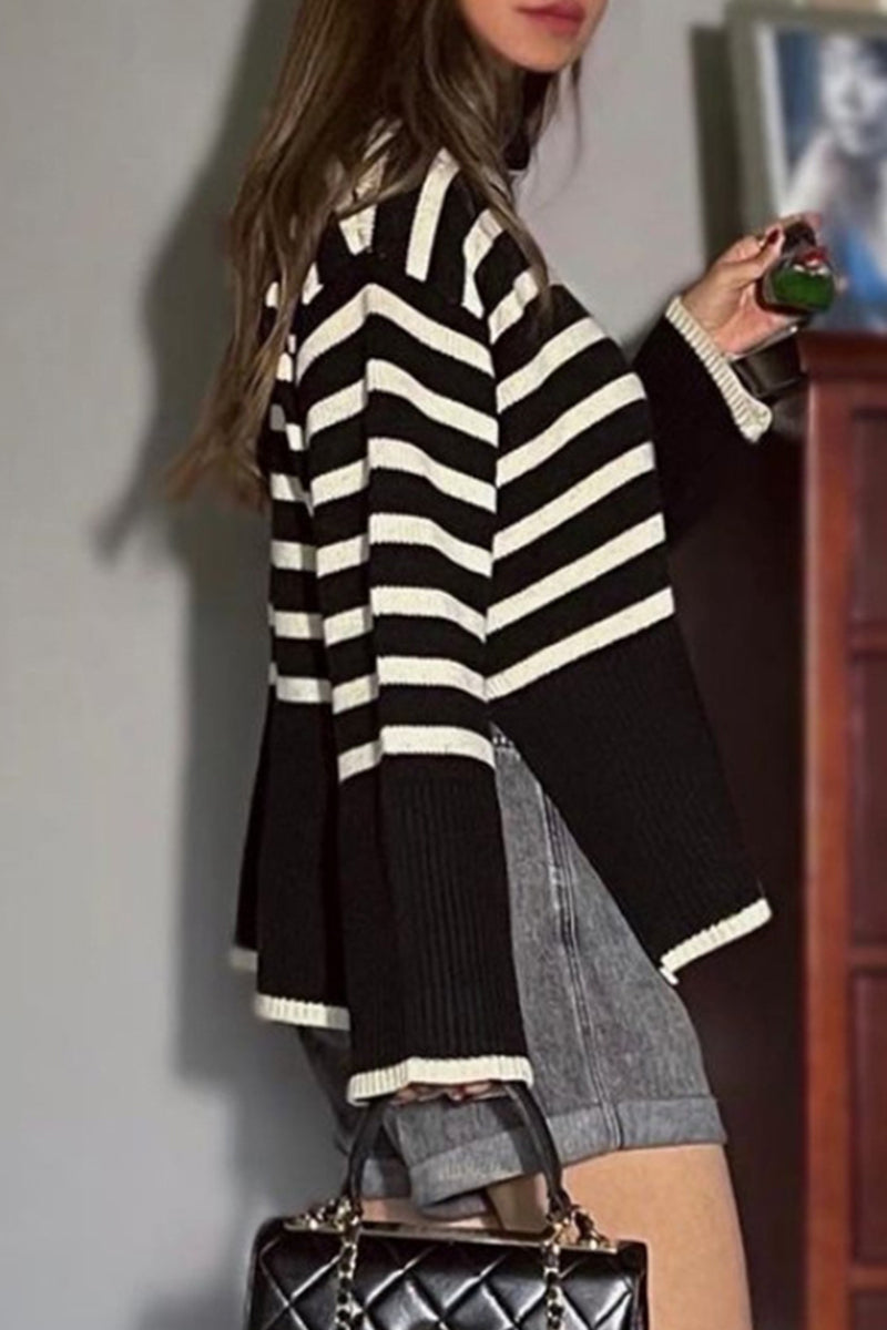 Vilma | Casual striped asymmetrical turtleneck tops with slit