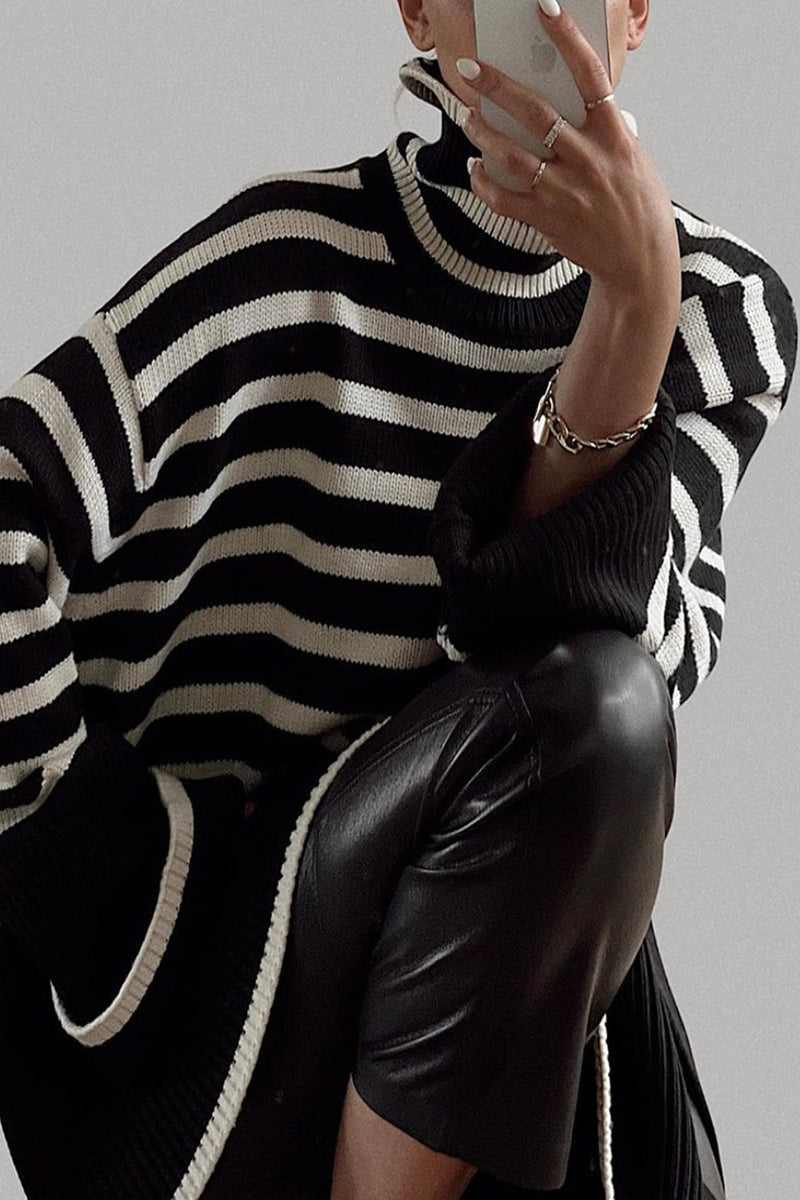 Vilma | Casual striped asymmetrical turtleneck tops with slit