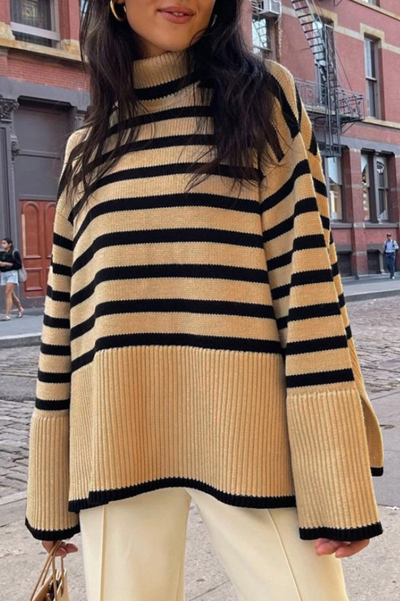 Vilma | Casual striped asymmetrical turtleneck tops with slit
