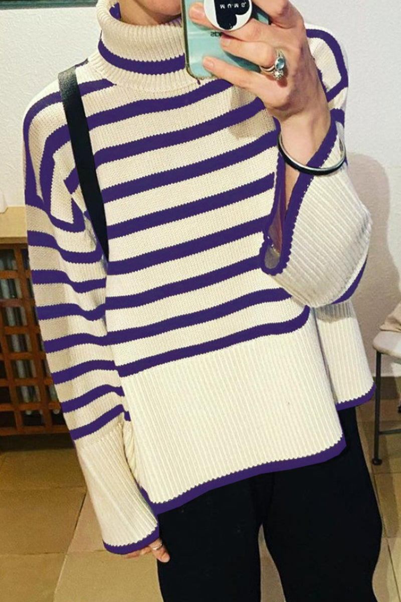 Vilma | Casual striped asymmetrical turtleneck tops with slit