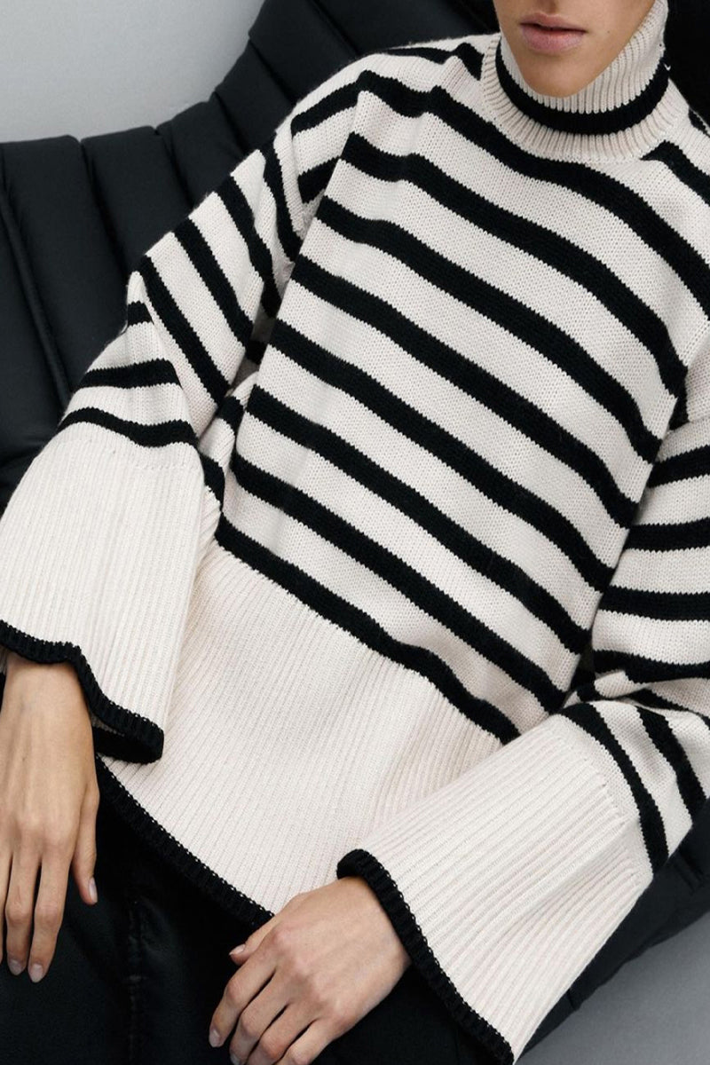 Vilma | Casual striped asymmetrical turtleneck tops with slit