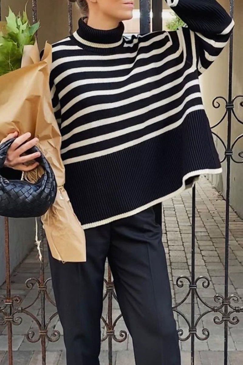 Vilma | Casual striped asymmetrical turtleneck tops with slit