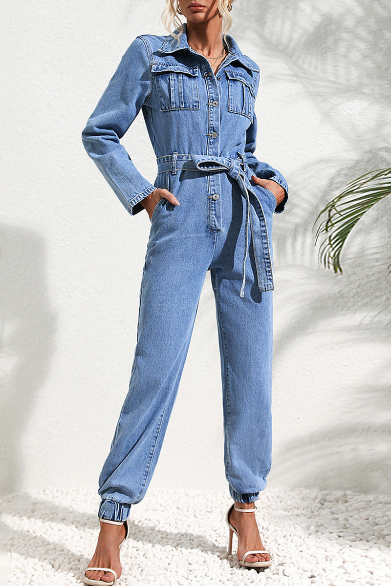 Yadira | Casual Street Solid Bandage Pocket Turndown Collar Long Sleeve Regular Denim Jumpsuits