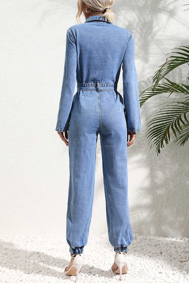 Yadira | Casual Street Solid Bandage Pocket Turndown Collar Long Sleeve Regular Denim Jumpsuits