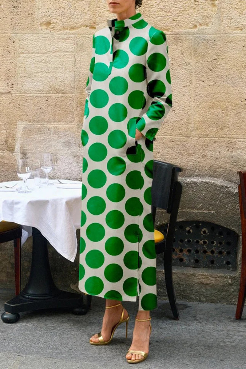 Zaida | Casual irregular geometric print dresses with pockets and mandarin collar