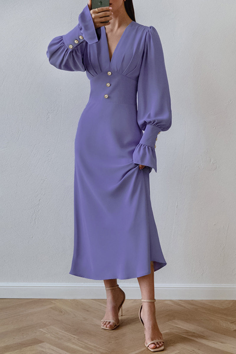 Ramona | Elegant, simple A-line dresses with plain buttons and V-neck