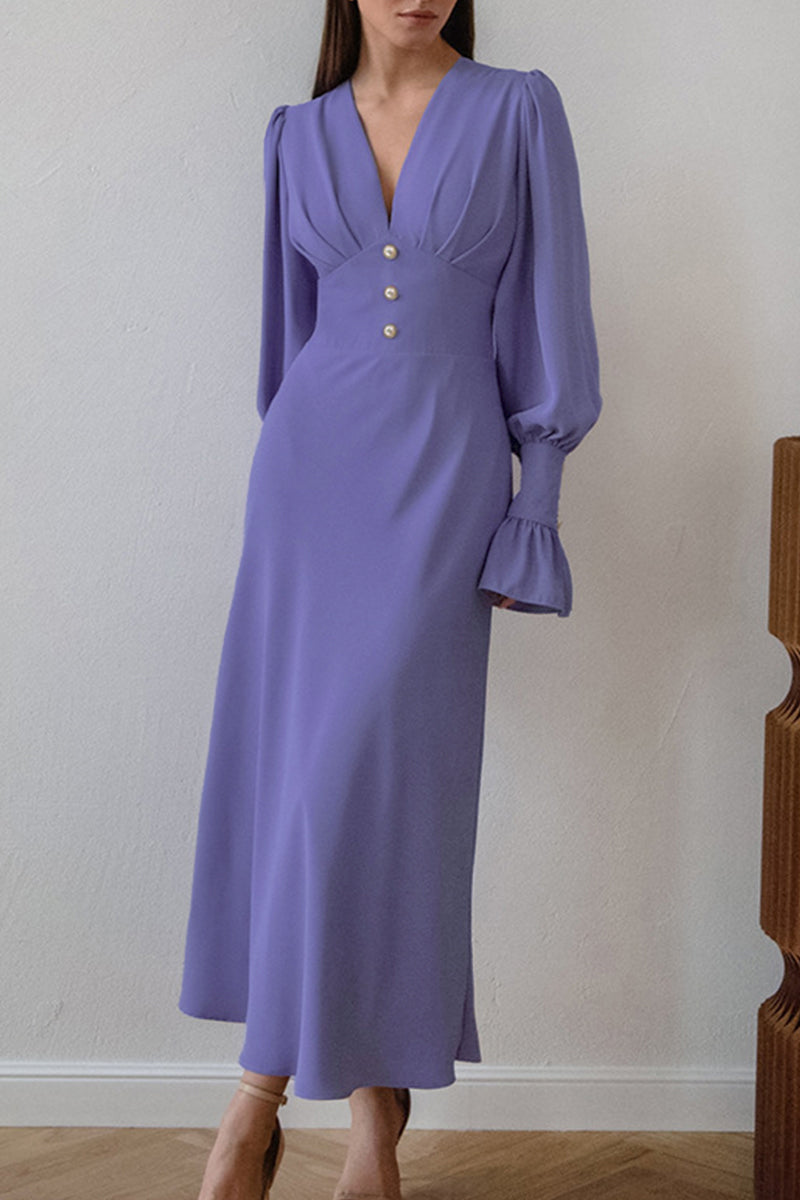 Ramona | Elegant, simple A-line dresses with plain buttons and V-neck