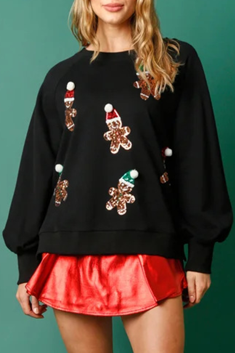 Alejandra | Casual Cute Santa Claus Sequin Patch O-Neck Tops