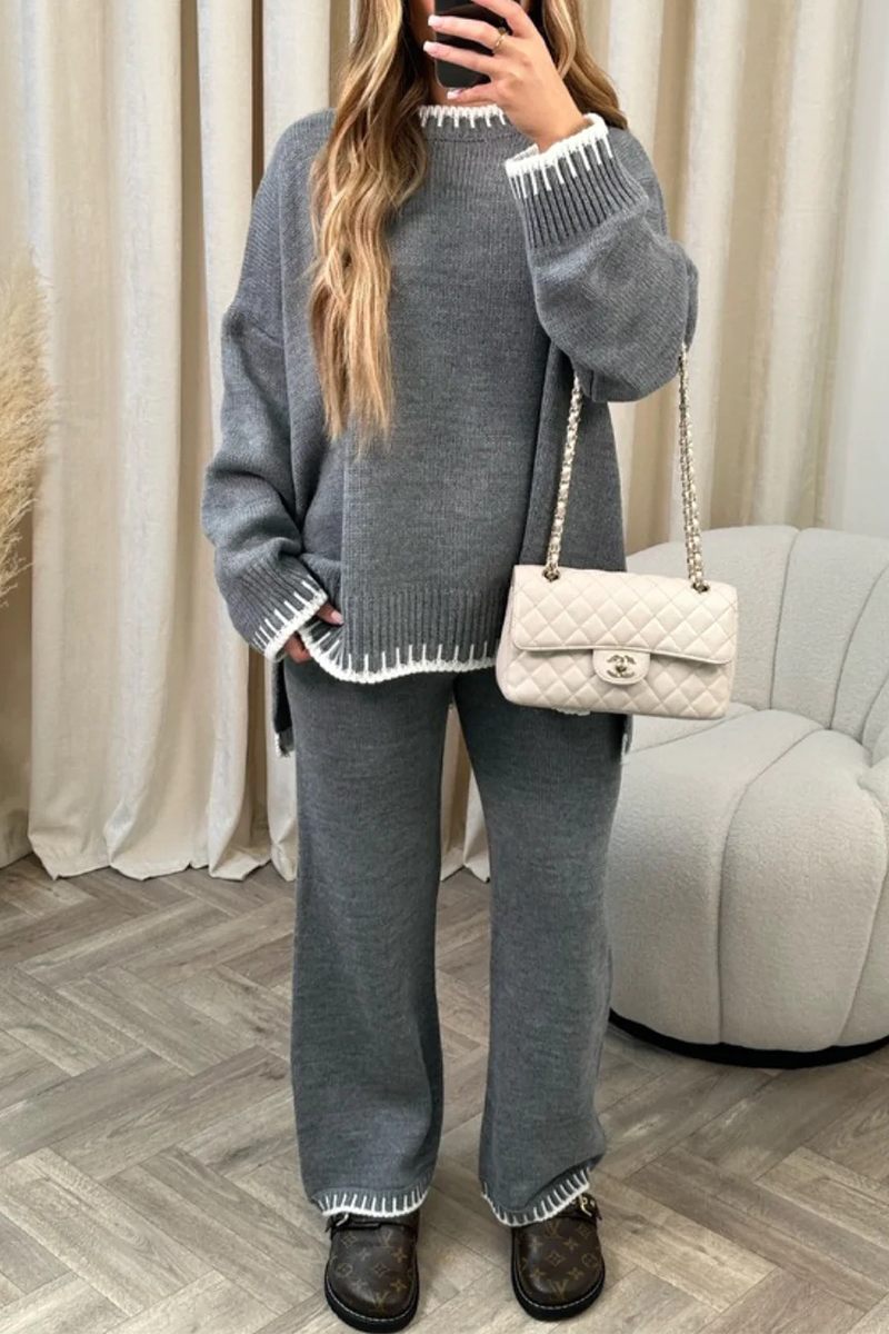 Bianca | Casual solid patchwork O-neck long sleeve two piece suit
