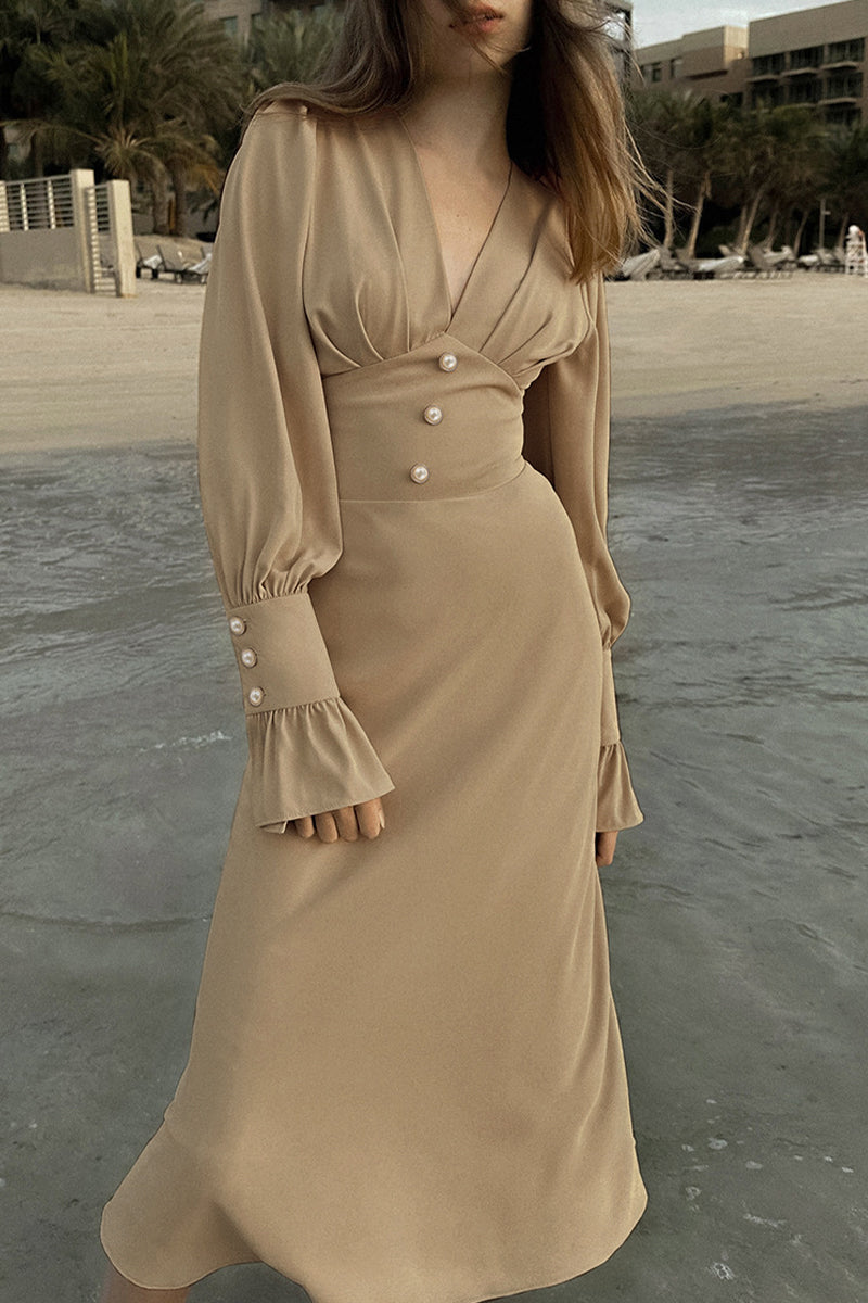 Ramona | Elegant, simple A-line dresses with plain buttons and V-neck