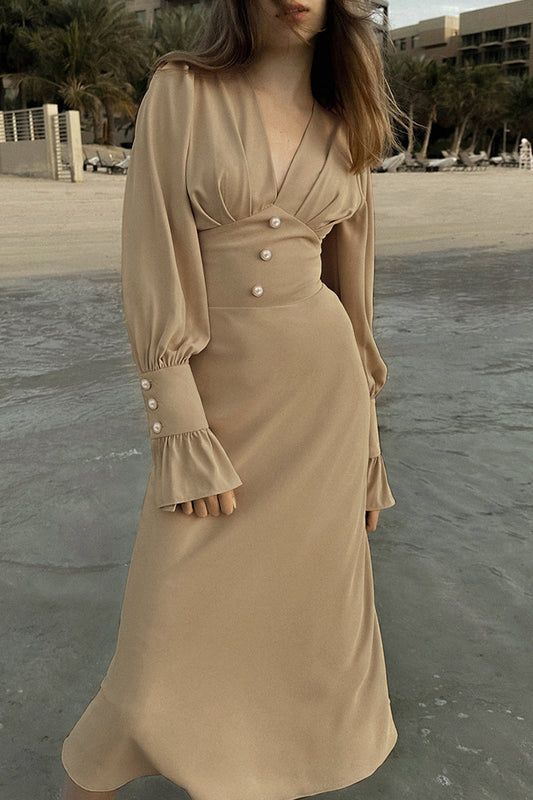 Ramona | Elegant, simple A-line dresses with plain buttons and V-neck