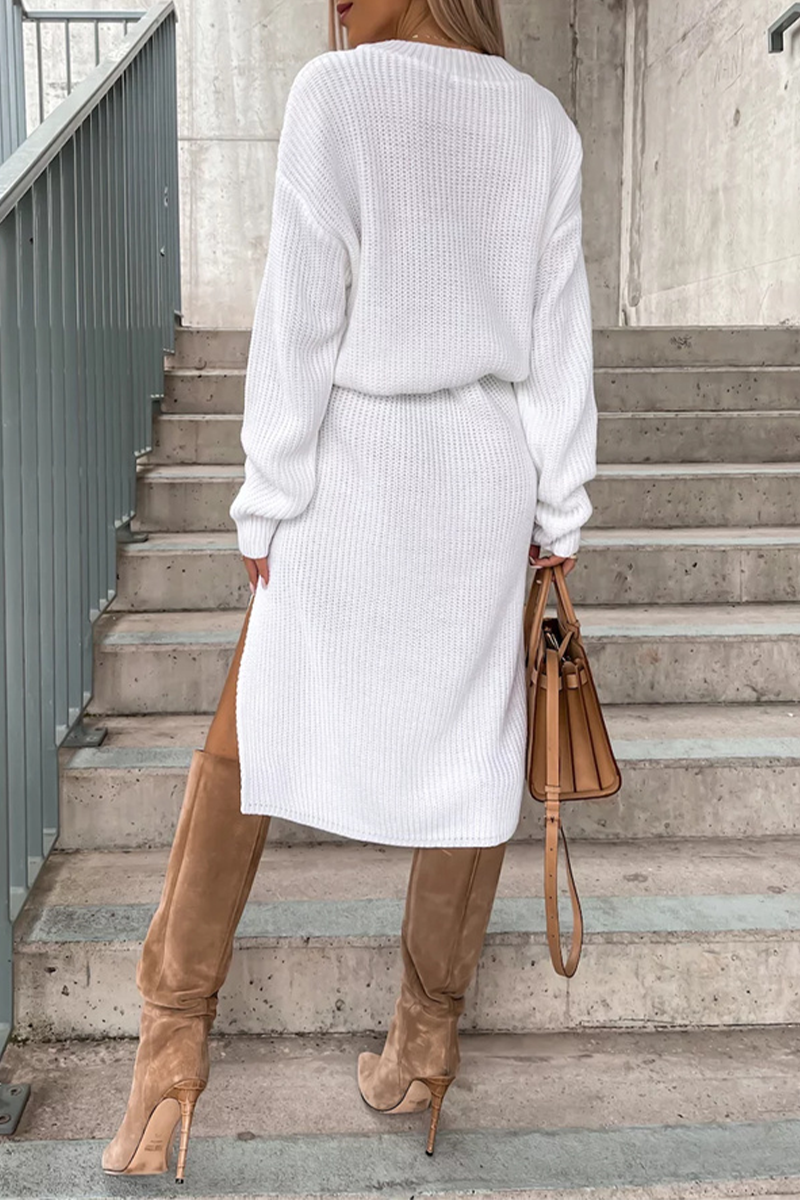 Camille | Elegant simple plain long sleeve dresses with slit and O-neck