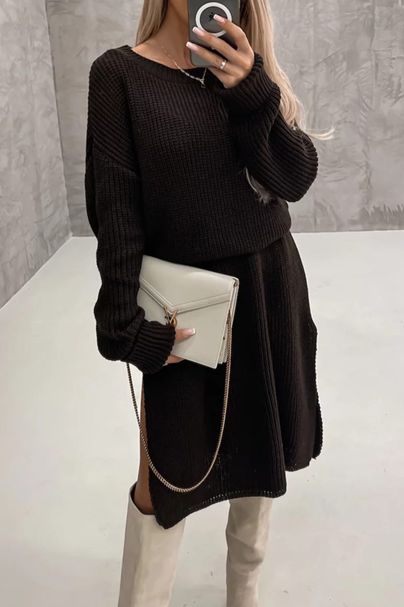 Camille | Elegant simple plain long sleeve dresses with slit and O-neck