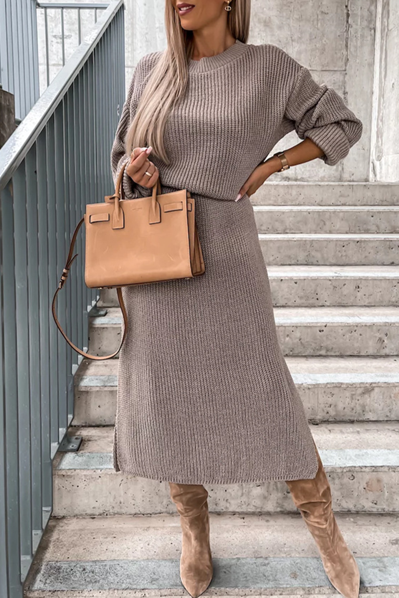 Camille | Elegant simple plain long sleeve dresses with slit and O-neck
