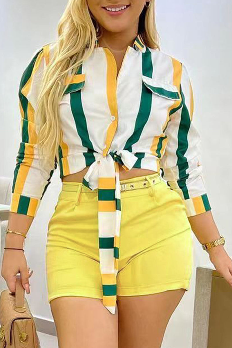 Elodia® | Elegant Striped Long-Sleeved T-Shirt And Shorts Set