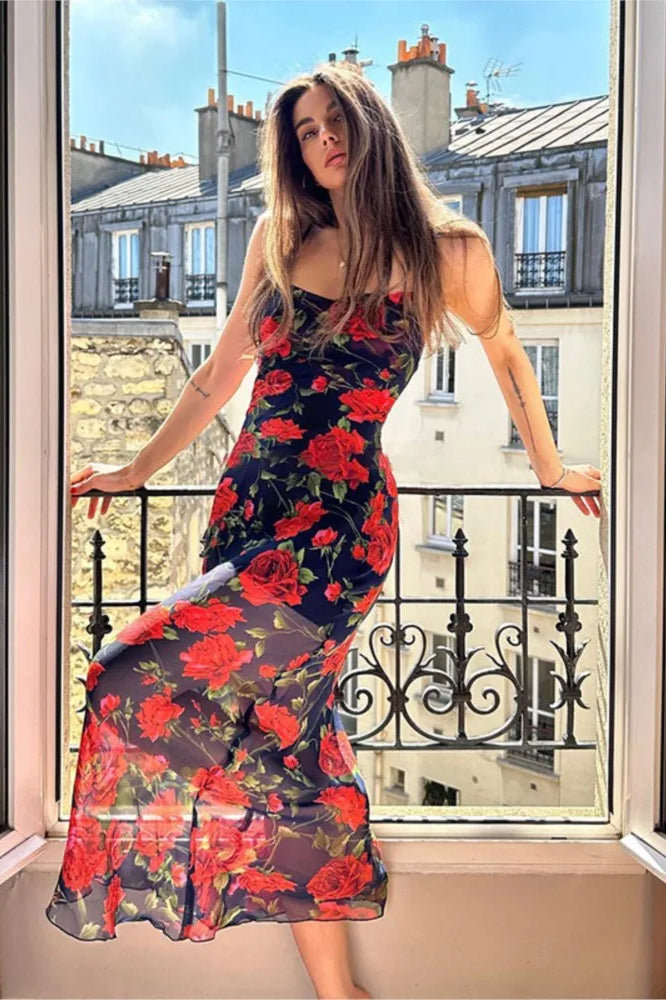 Floral Print Spaghetti Strap Bodycon Floral Dress