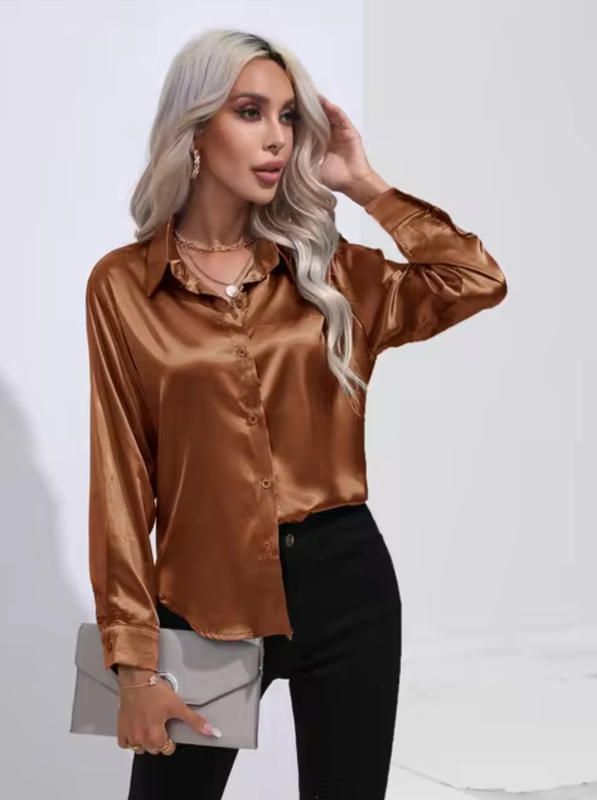 Eleanor® | Long Sleeve Satin Blouse