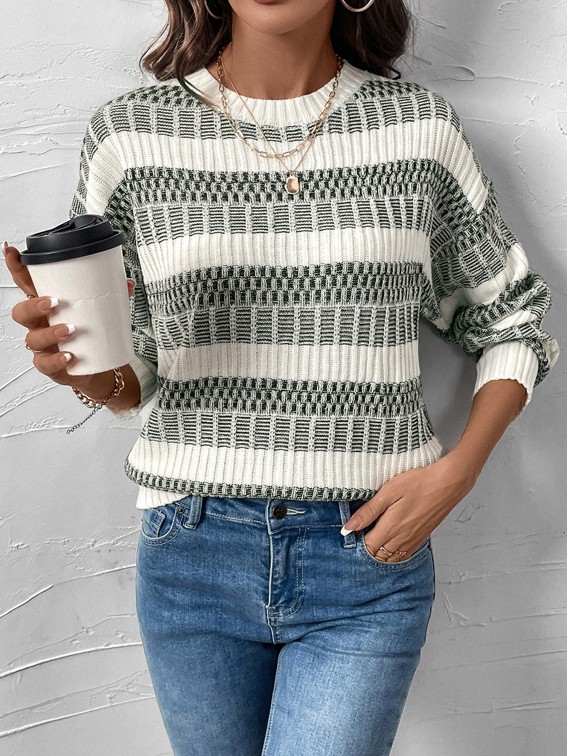 Pink | Perfee contrast long sleeve crew neck jumper