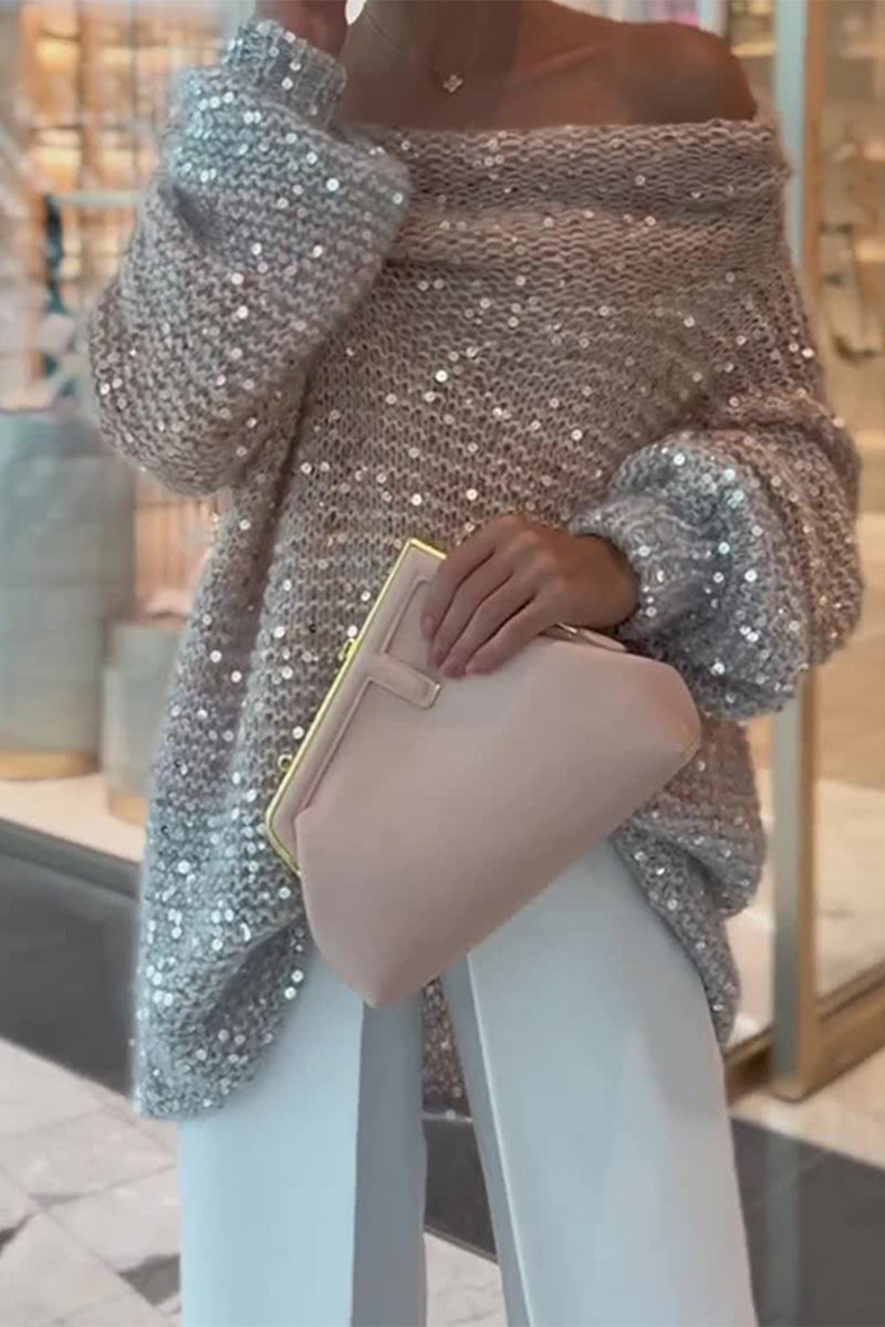 Cecilia | Casual Solid Color Sequin Off Shoulder Sweaters