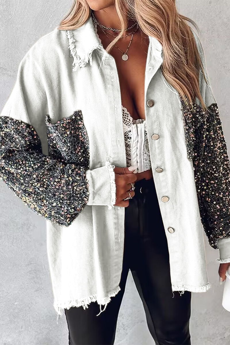 Fabiola | Casual tops with solid color sequin pocket turn-down collar
