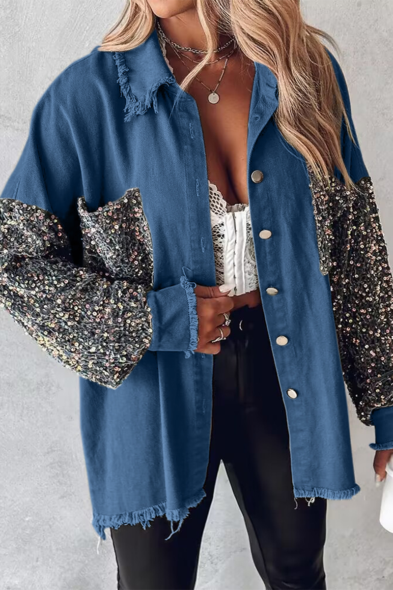 Fabiola | Casual tops with solid color sequin pocket turn-down collar