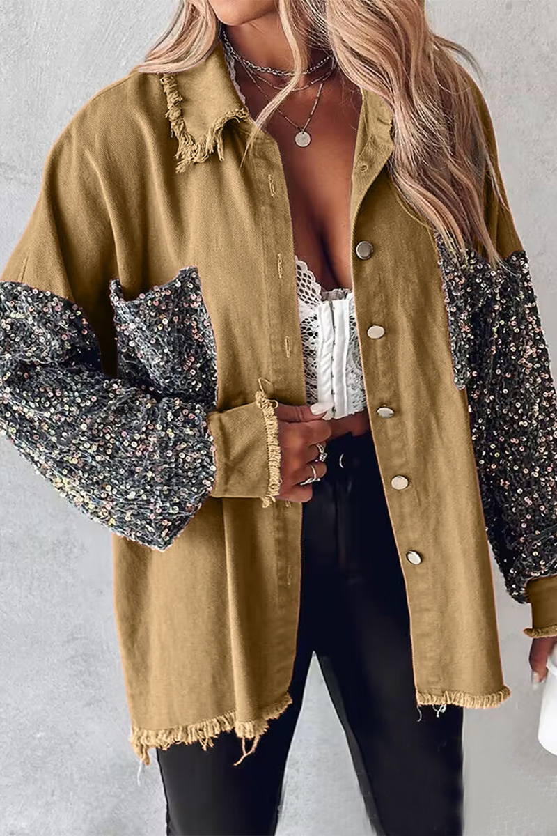 Fabiola | Casual tops with solid color sequin pocket turn-down collar
