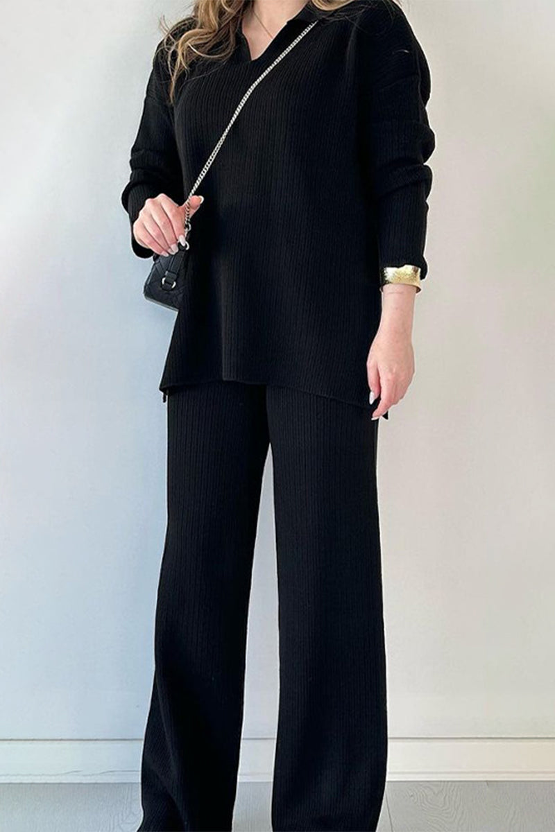 Flor | Casual simplicity, solid slit, turn-down collar, long sleeves, two-piece