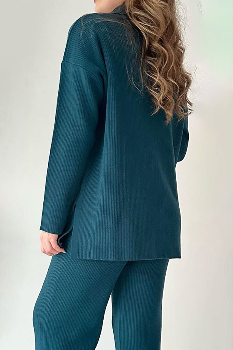 Flor | Casual simplicity, solid slit, turn-down collar, long sleeves, two-piece