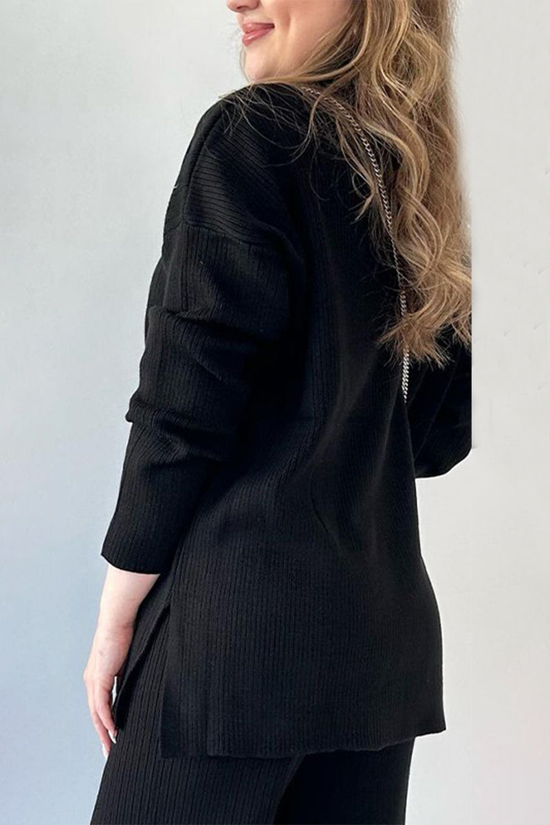 Flor | Casual simplicity, solid slit, turn-down collar, long sleeves, two-piece