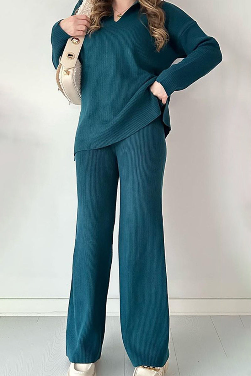 Flor | Casual simplicity, solid slit, turn-down collar, long sleeves, two-piece
