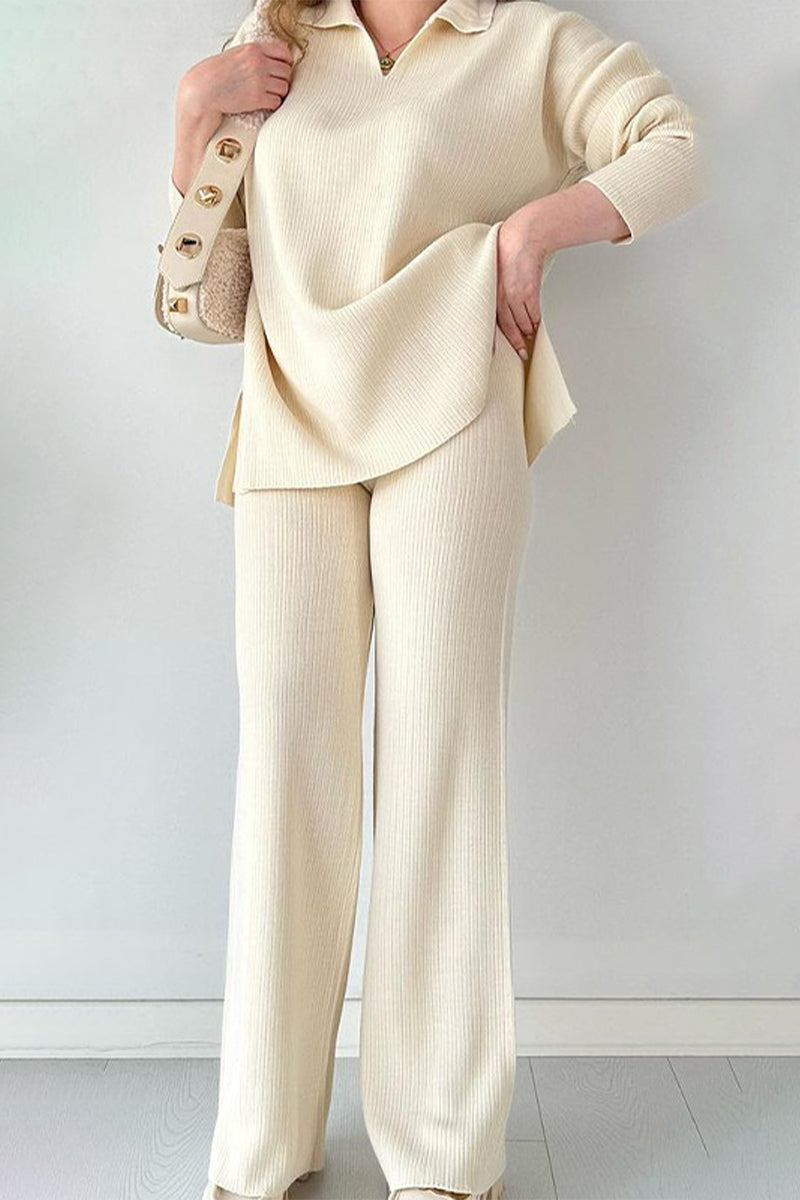 Flor | Casual simplicity, solid slit, turn-down collar, long sleeves, two-piece