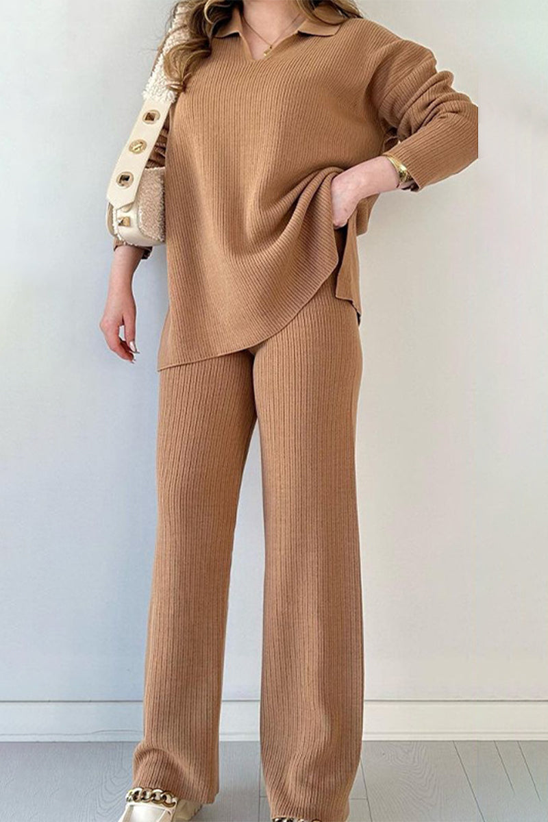 Flor | Casual simplicity, solid slit, turn-down collar, long sleeves, two-piece