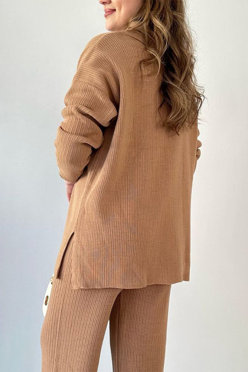 Flor | Casual simplicity, solid slit, turn-down collar, long sleeves, two-piece