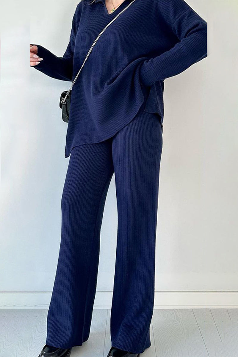 Flor | Casual simplicity, solid slit, turn-down collar, long sleeves, two-piece