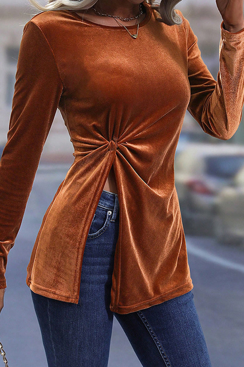Jennifer | Elegant solid asymmetrical tops with slit and O-neck